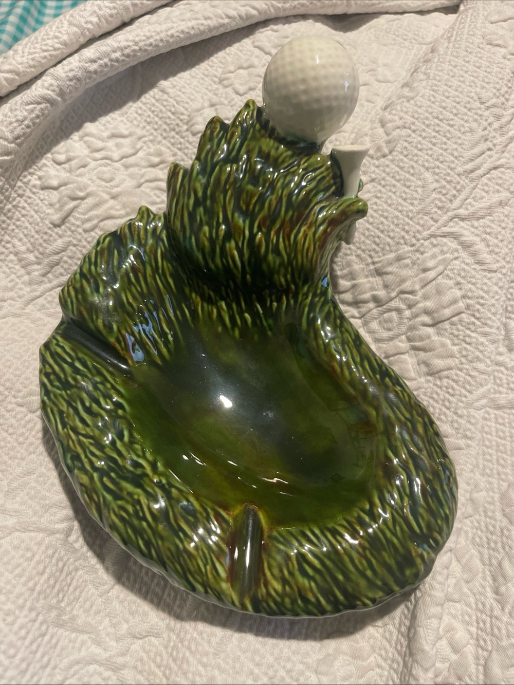 Vintage Handmade Atlantic Mold Green Ceramic Golf-Themed Ashtray 9x6